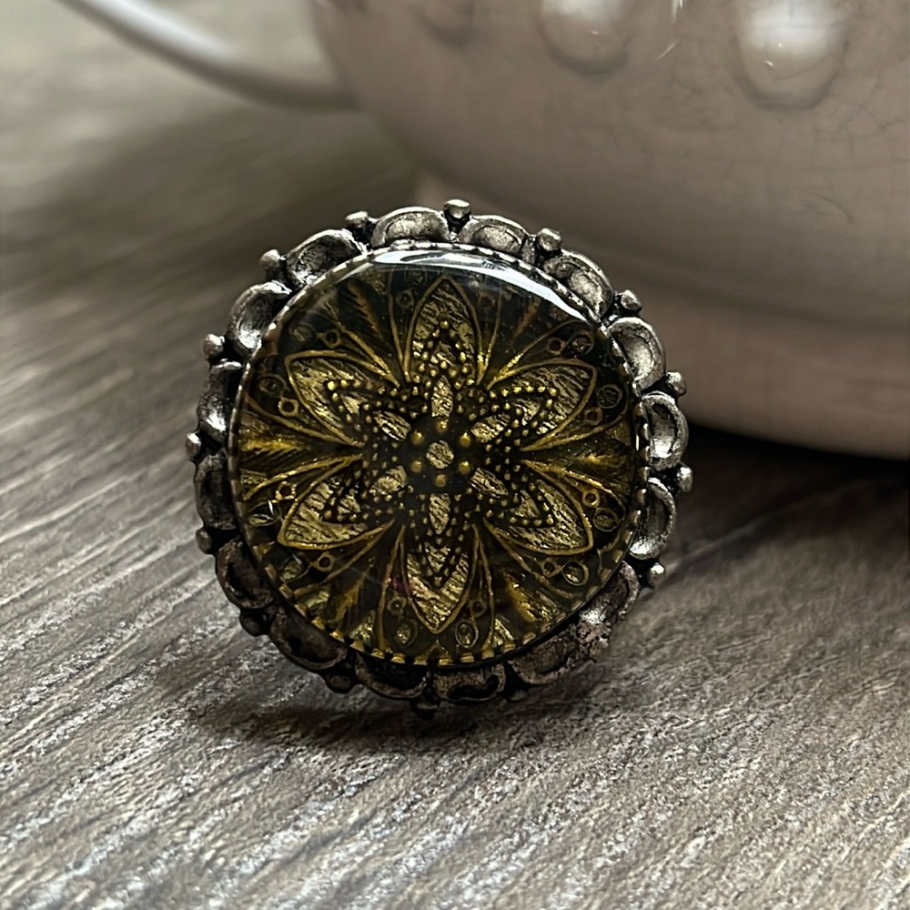 Elegant Black Gold Silver Kaleidoscope Floral Pendant Ring by Inspiredesigns
